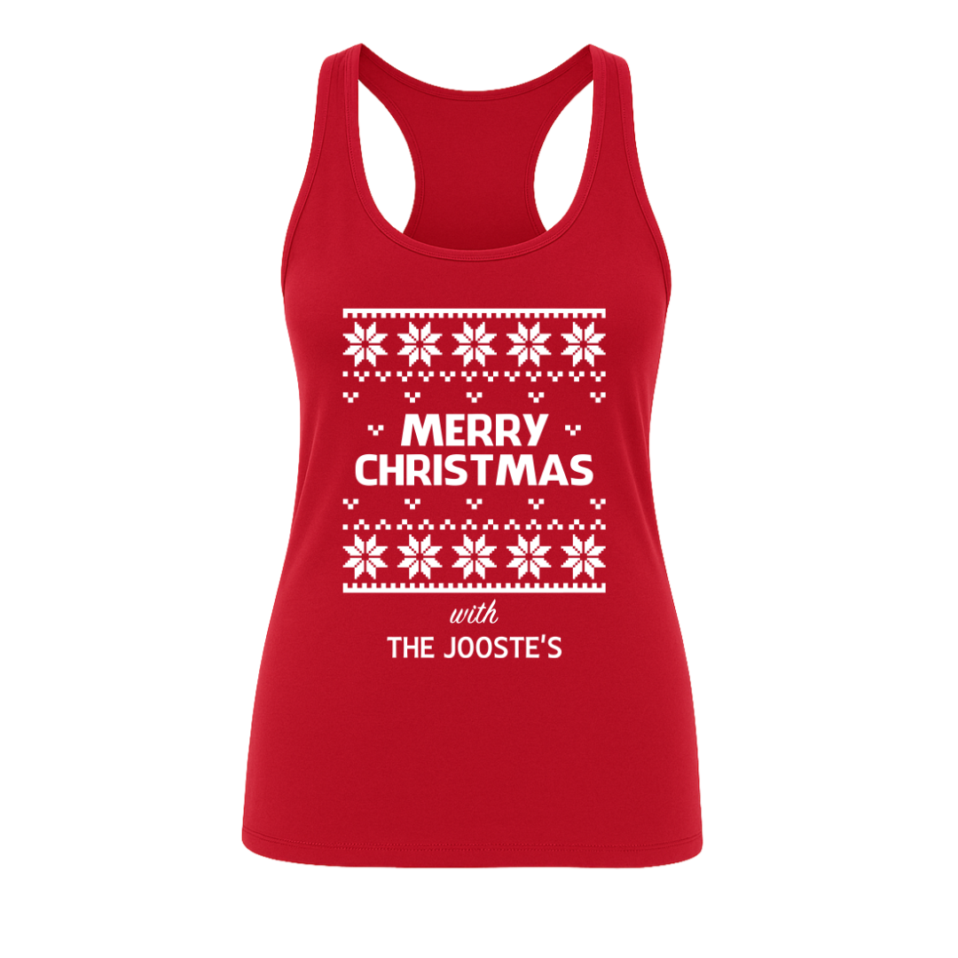 Racerback_Jumper Red Racerback with Christmas Jumper Print and Family name