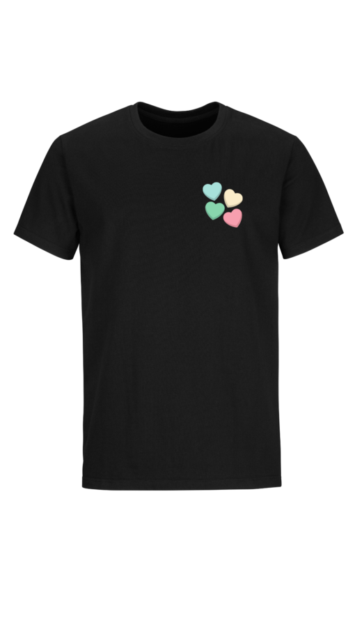 Black T-shirt with colourful pocket hearts print