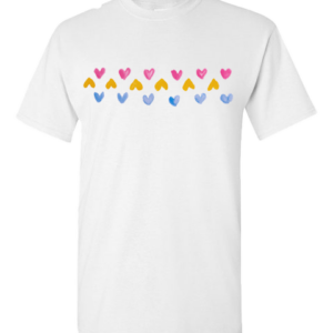 White T-shirt with Colourful Hearts Print (Unisex or Ladies)