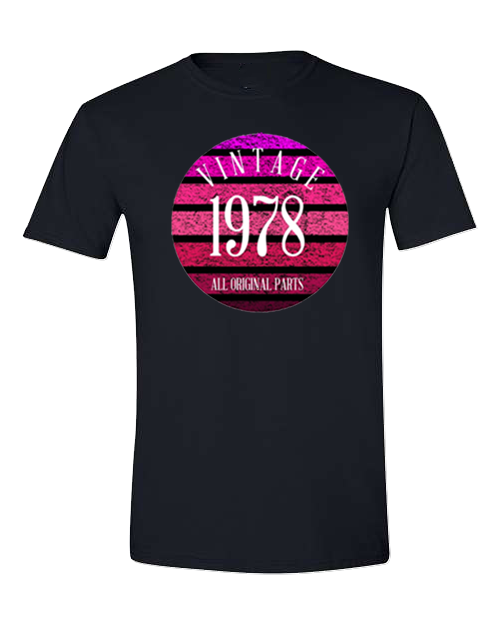 T-Shirt with Birthday Retro Sunset Pink Print (Add Year/Choose colour)